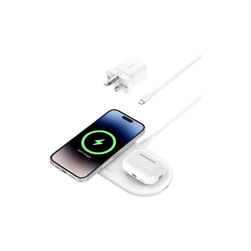 Belkin Wireless Qi2 2-In-1 Pad 15W Charger - (1.5M C-C Cable Included) - White
