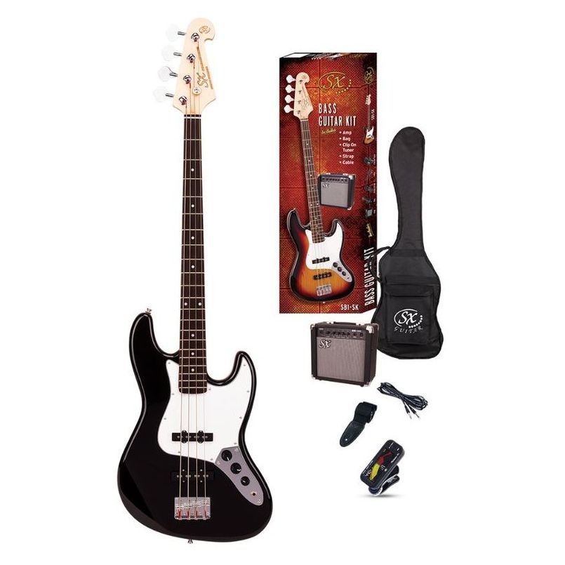 SX SB1-SK-BK Electric Bass Guitar Kit / Black / with Bag / 15W Amp BA-1565 / Tuner / Strap & Cable