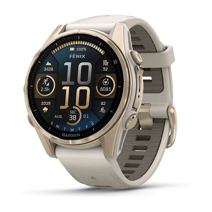 Garmin Fenix 8 43mm AMOLED Sapphire Soft Gold Smartwatch - Fog Gray/Dark Sandstone Silicone Band