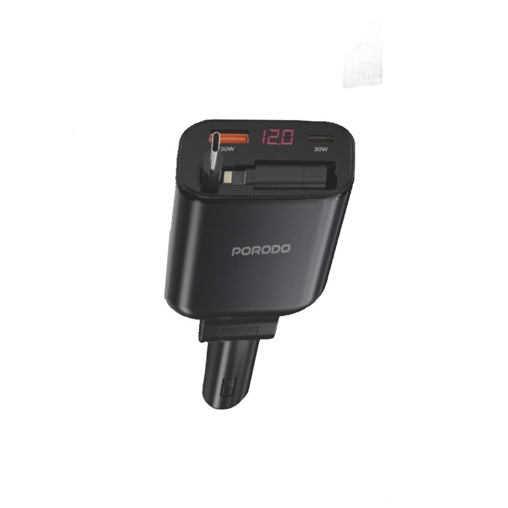 Porodo 105W Dual Port& Dual Connector Car Charger With Retractable Cable 2ft/80cm-Black