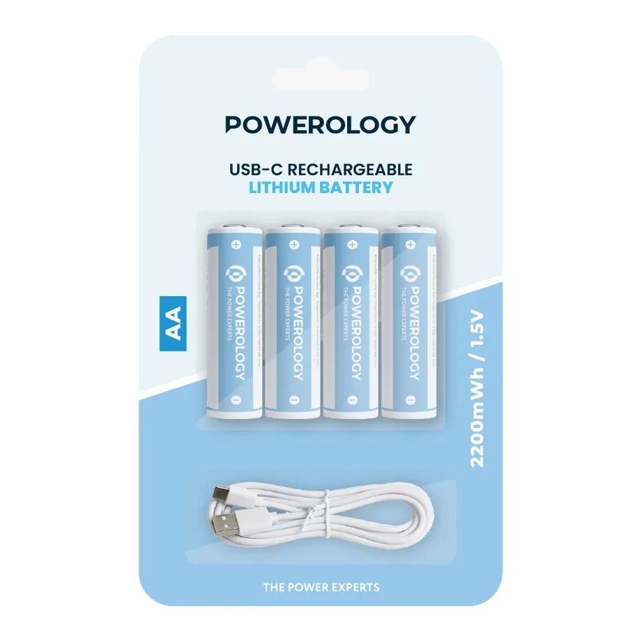 Powerology 1.5V Type-C Rechargeable Lithium-Ion Battery AA Battery 2200mwh 4Pcs Per Pack