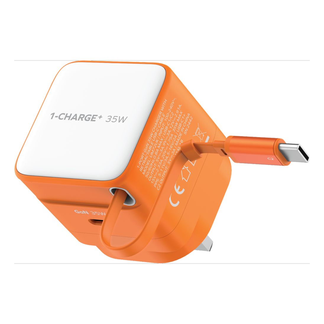 Momax 1-Charge 35W Gan 1 Port Charger With Built-In USB-C Cable - Orange