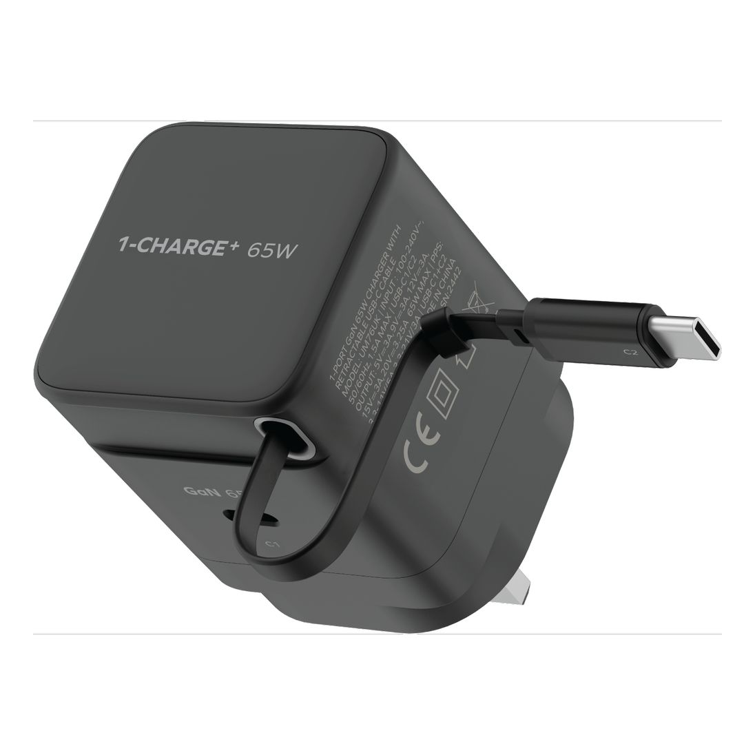 Momax 1-Charge 65W Gan 1 Port Charger With Built-In USB-C Cable - Black