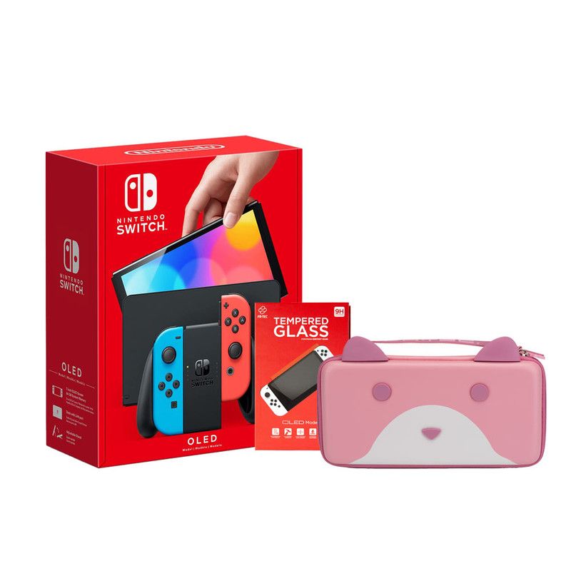 Nintendo Switch OLED Neon Joy-Con Console + Switch Tanooki Bag Ears + Screen Protector Fr-Tec (Bundle)