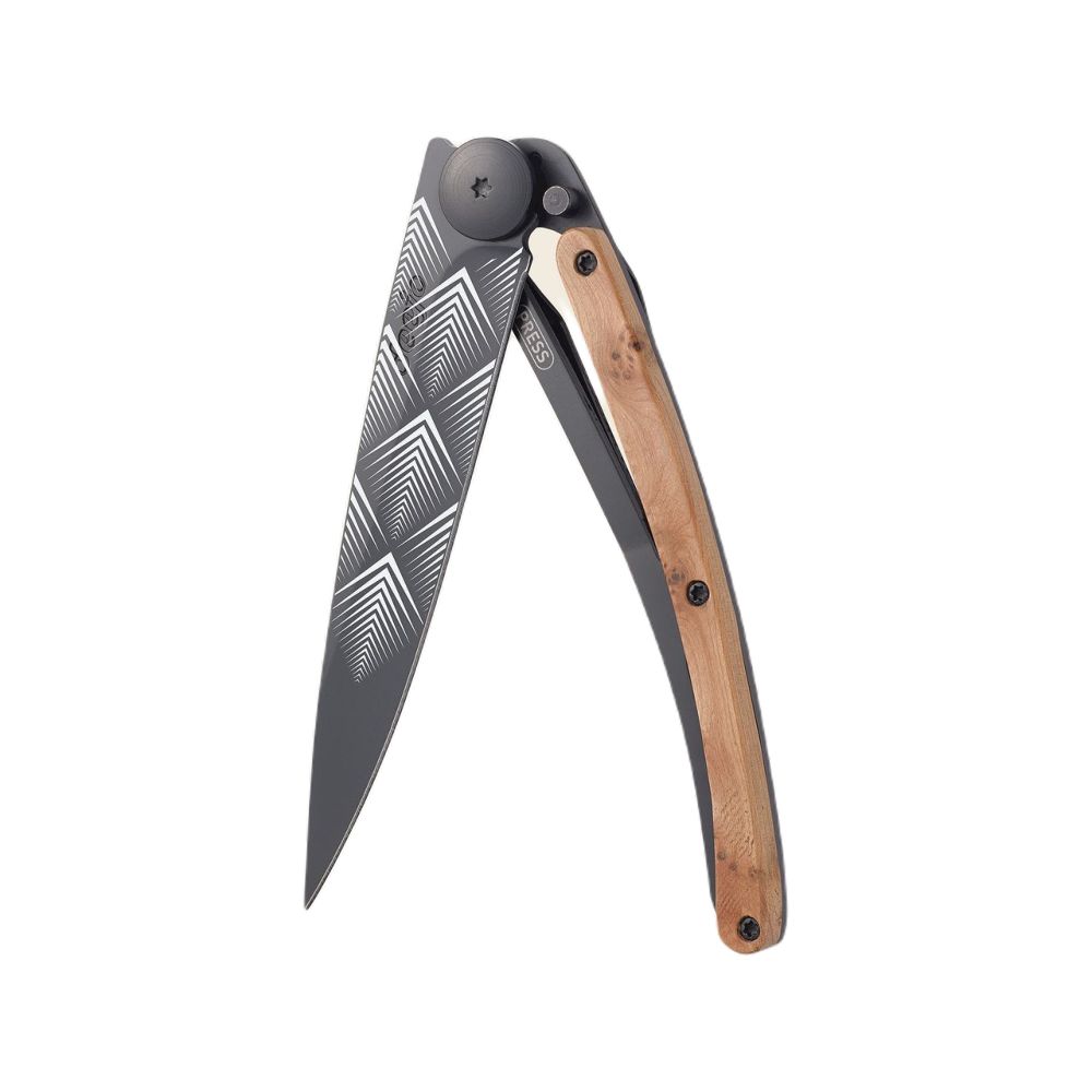 Deejo 37G Pocket Knife - Juniper Wood/Art Deco (Grey)
