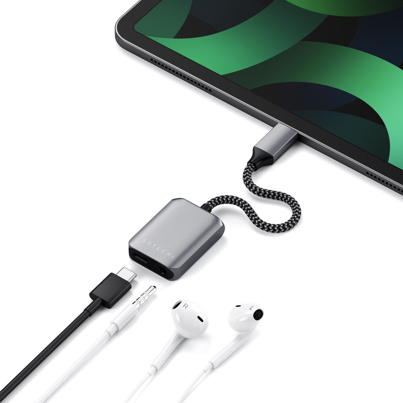 محول مقبس سماعة الأذن من نوع C إلى 3.5 ملم من الألومنيوم مع شاحن توصيل الطاقة USB-C PD من ساتيتشي بلون رمادي معدني