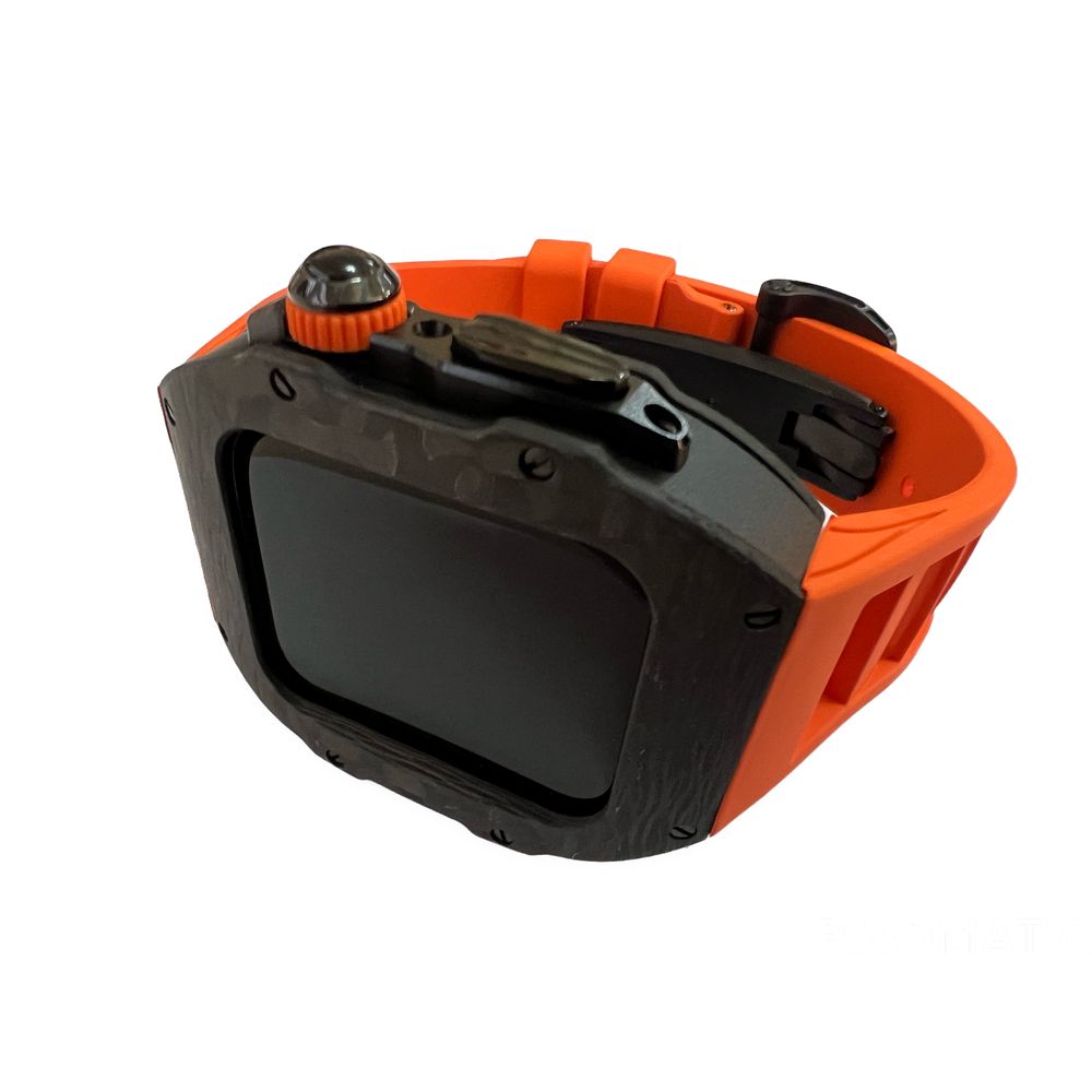Mansa Design Customized S9 Carbon Fibre Apple Watch Series 9 Black 45mm Case With Orange Strap