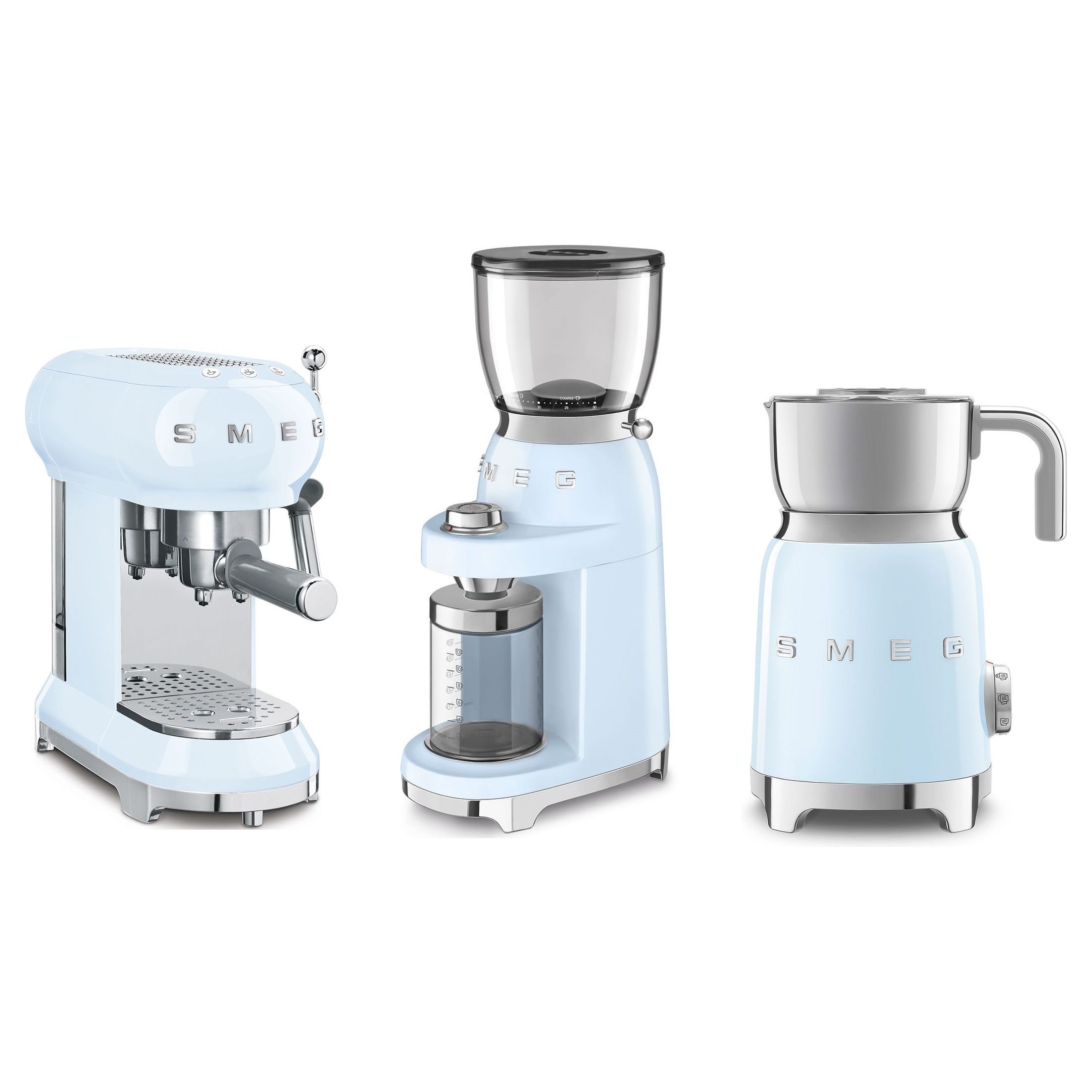 SMEG 50's Retro-Style Coffee Set (Espresso Maker / Coffee Grinder / Milk Frother) - Pastel Blue