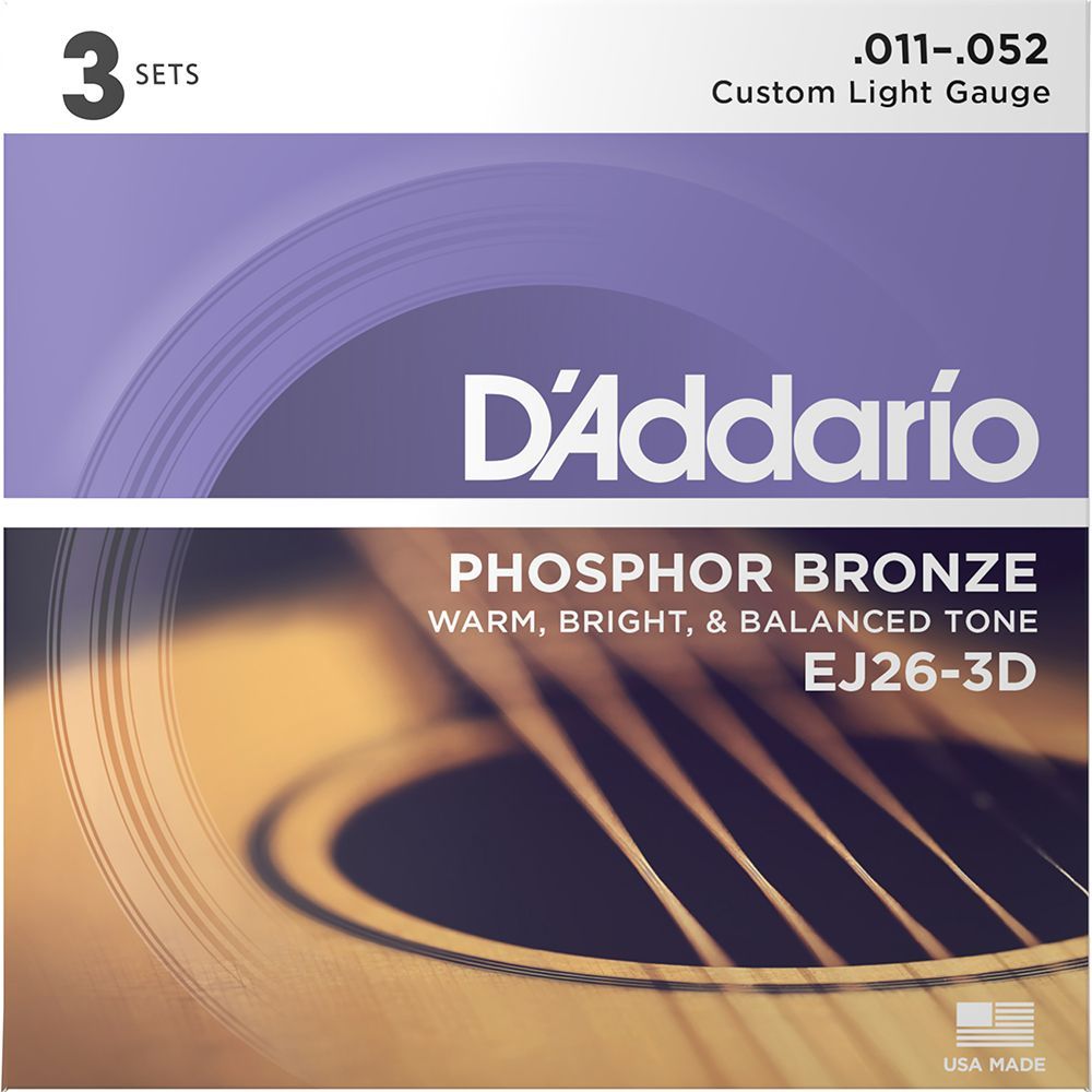 D'Addario EJ26-3D Phosphor Bronze Acoustic Guitar String Custom Light - 11-52 - 3 Packs