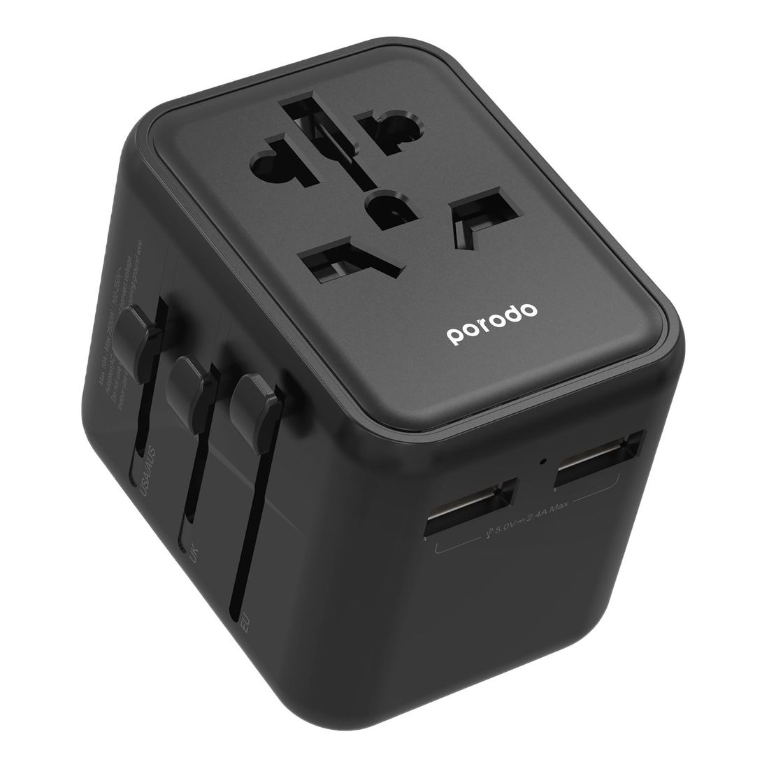 Porodo Dual USB-A Universal Travel Adapter 2.4A - Black