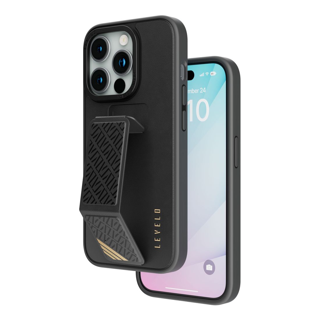 Levelo Morphix Leather Case with Kickstand Grip for iPhone 15 Pro - Black