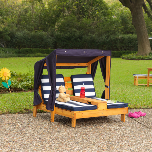 Kidkraft Outdoor Double Chaise Lounge With Cup Holders Honey & Navy Blue