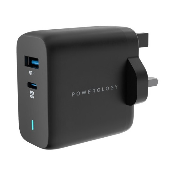 Powerology Dual Port 63W Ultra-Quick GaN Charger QC3.0 + PD 45W - Black