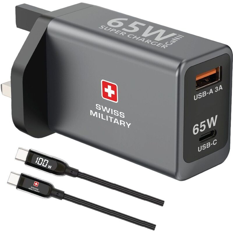 Swiss Military Gan 65W PD Adapter + 100W USB-C to USB-C Cable - Black